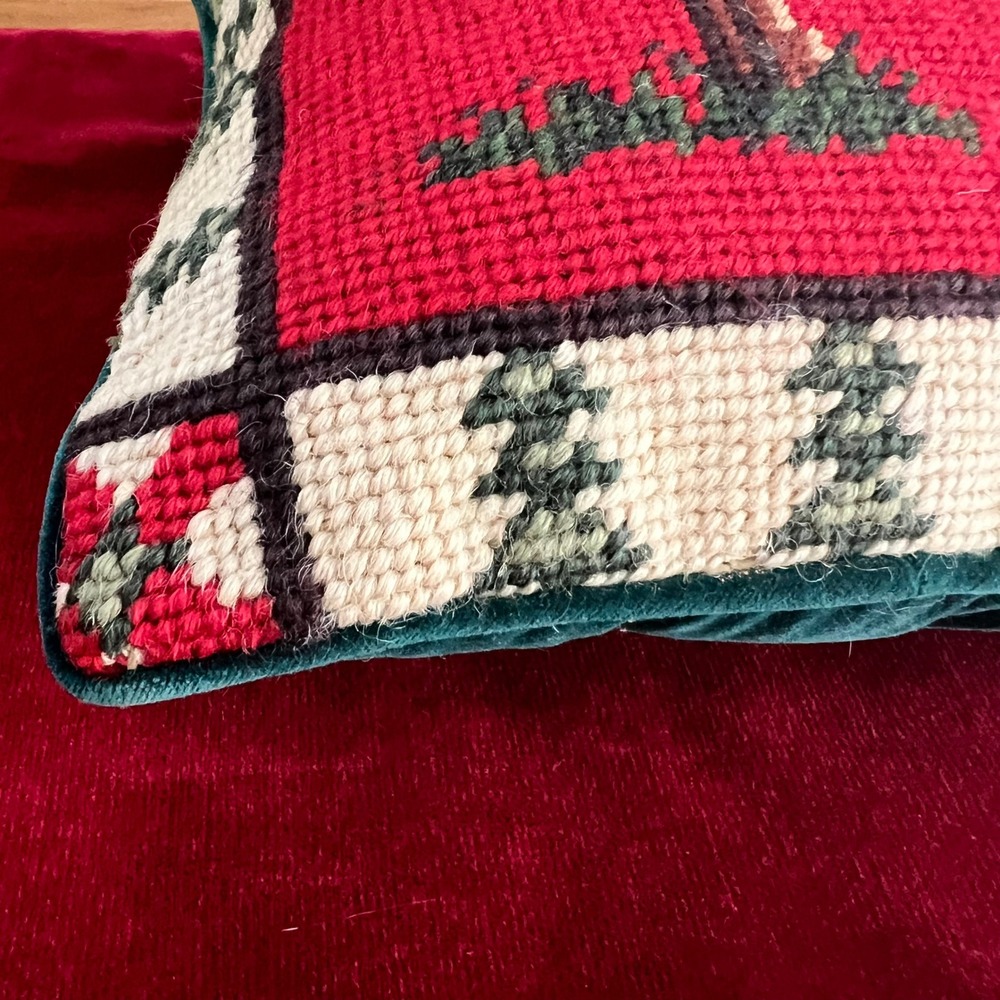 Vintage Needlepoint Deer Pillow Red Green Velvet Rustic Lodge Christmas Decor - Picture 3 of 4